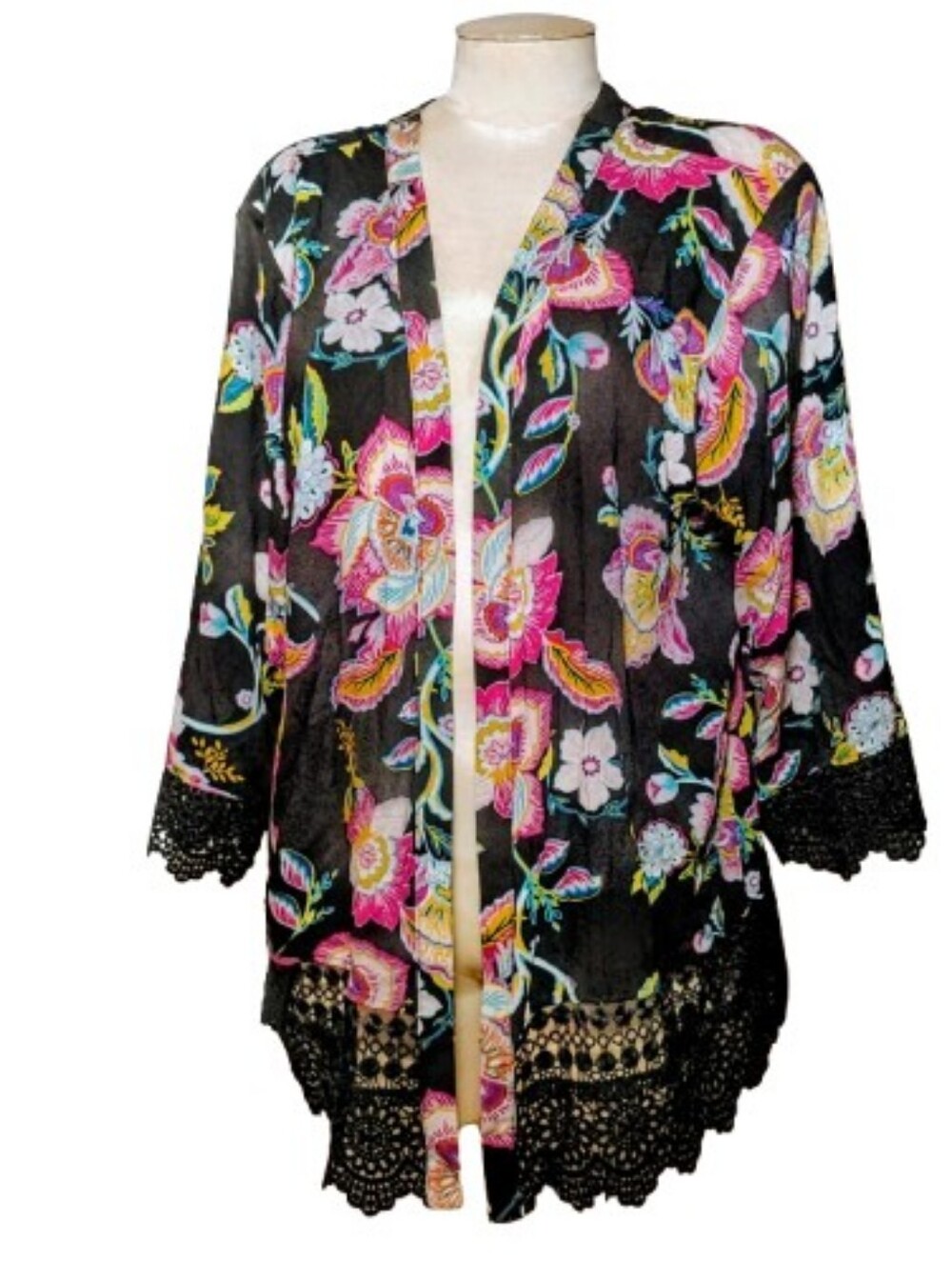 Xhilarstion Boho Floral Kimono Cardigan  XLOpen Front  Black Crochet Lace Trim